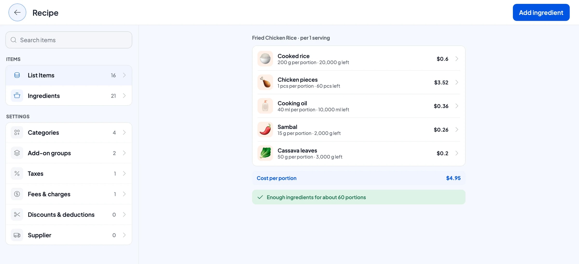 Recipe for Fried Chicken Rice, Thigh: cooked rice, chicken, cooking oil, sambal and cassava leaves