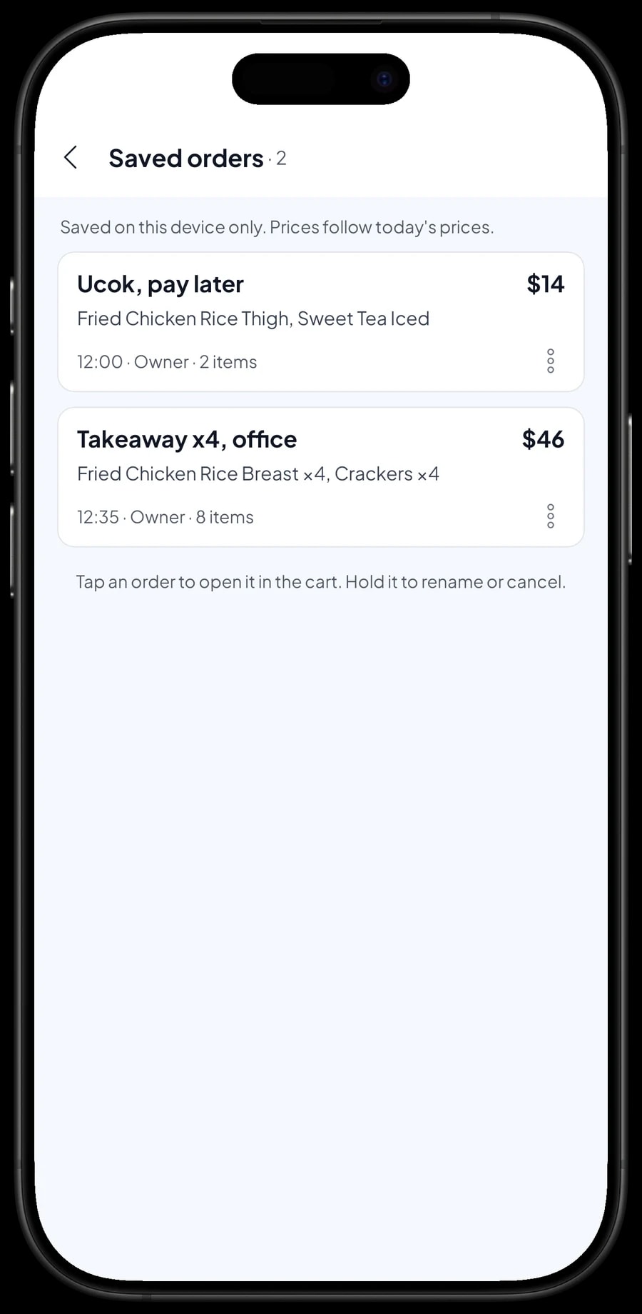 Saved orders waiting to be paid: Ucok's order and a takeaway for four for an office