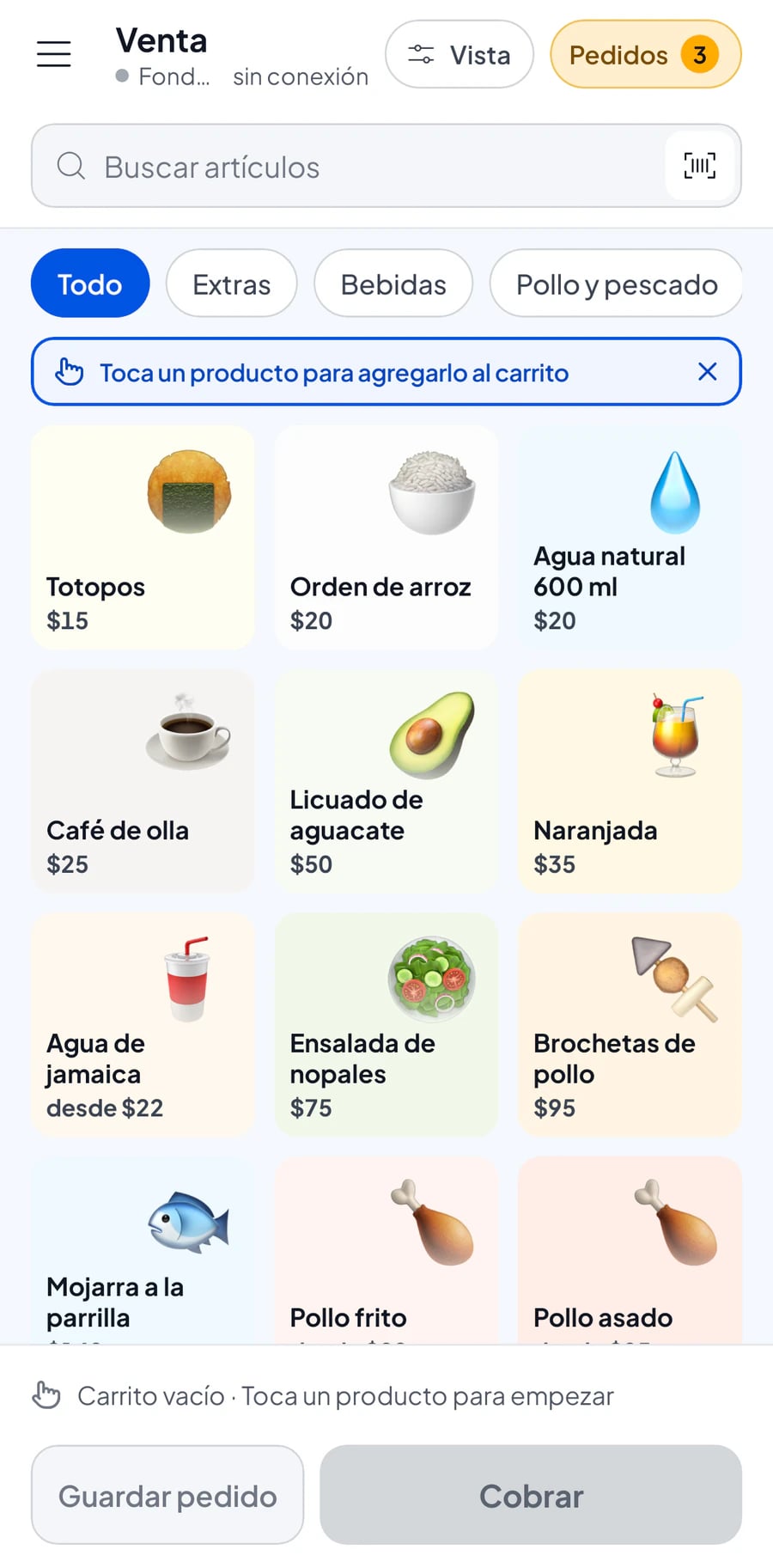 La Pantalla de venta de Salesmaster en un celular con artículos de comida por categorías