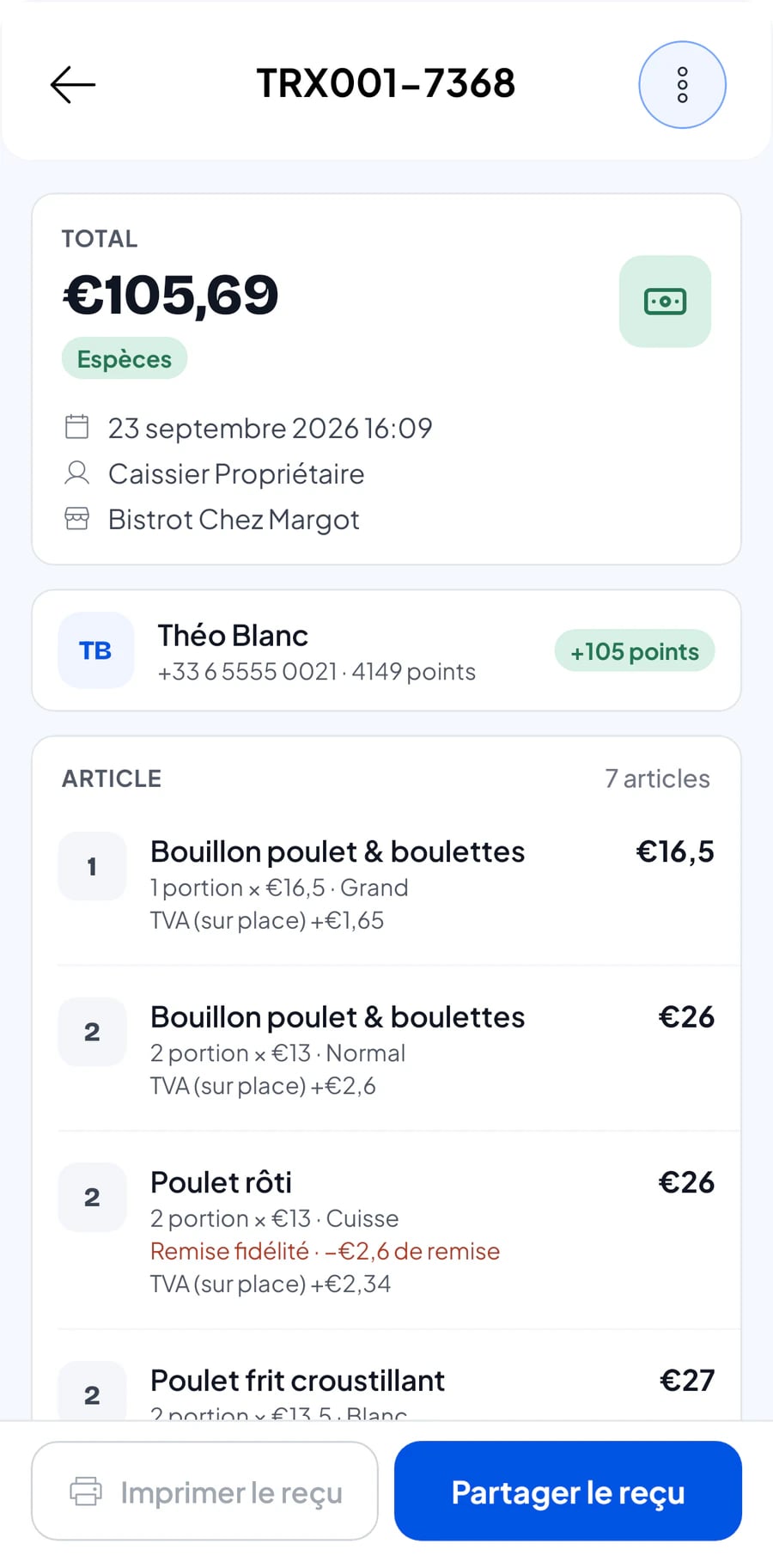 Le détail d'une transaction sur un téléphone, avec le total et la commande