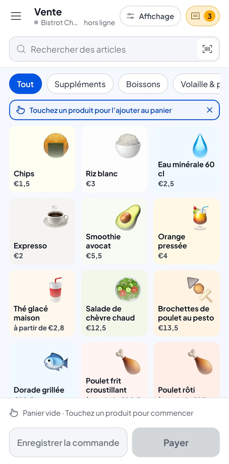 L'écran Vente de Salesmaster sur un téléphone, avec des plats rangés par catégorie