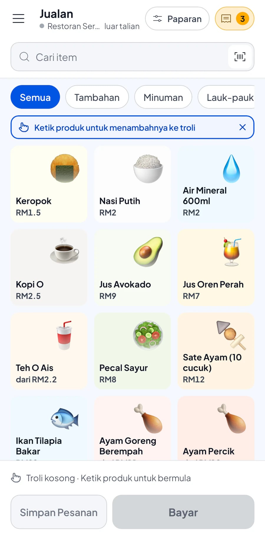 Skrin Jualan pada telefon dengan katalog makanan