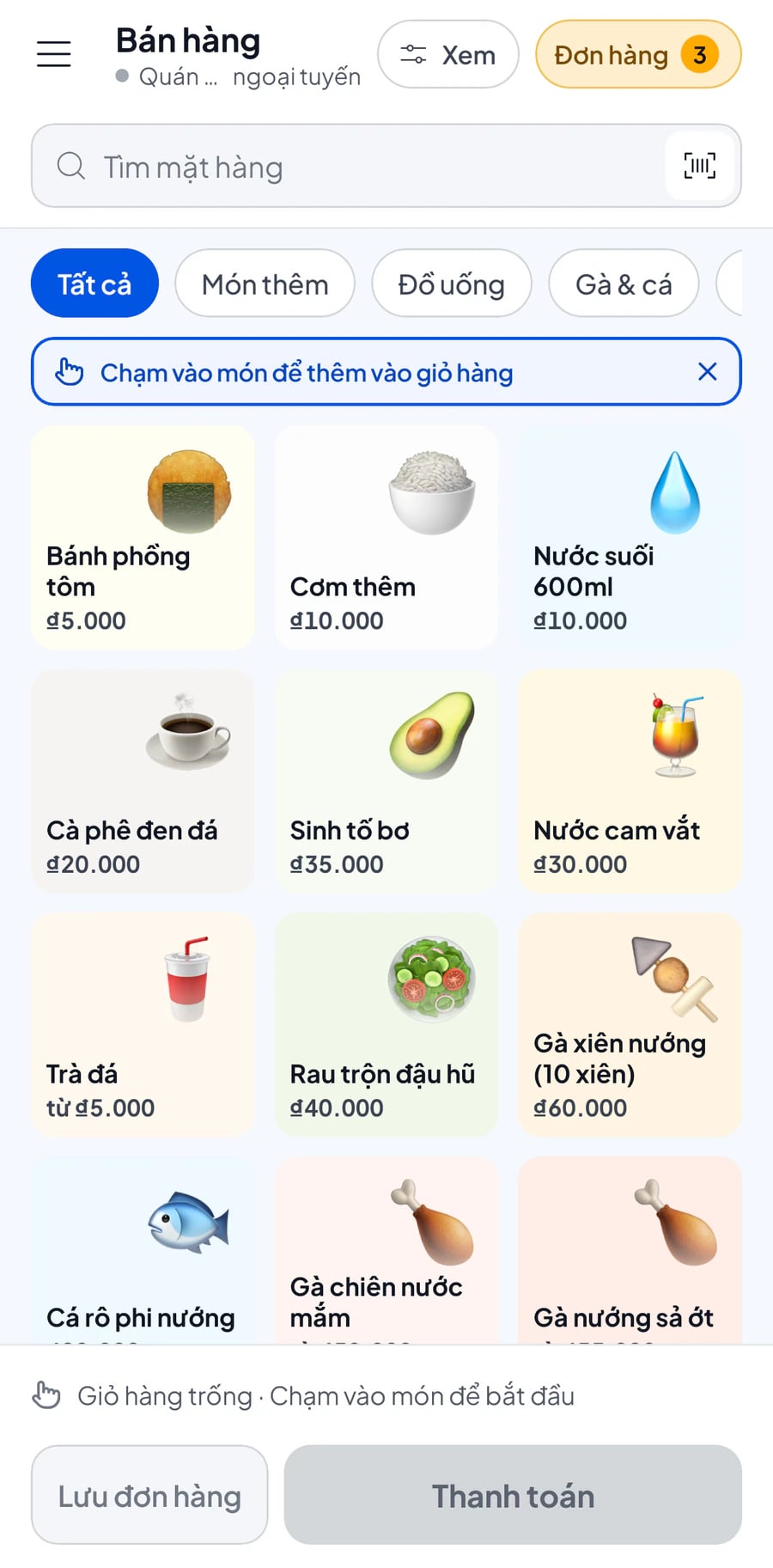 Màn hình Bán hàng trên điện thoại với thực đơn món ăn