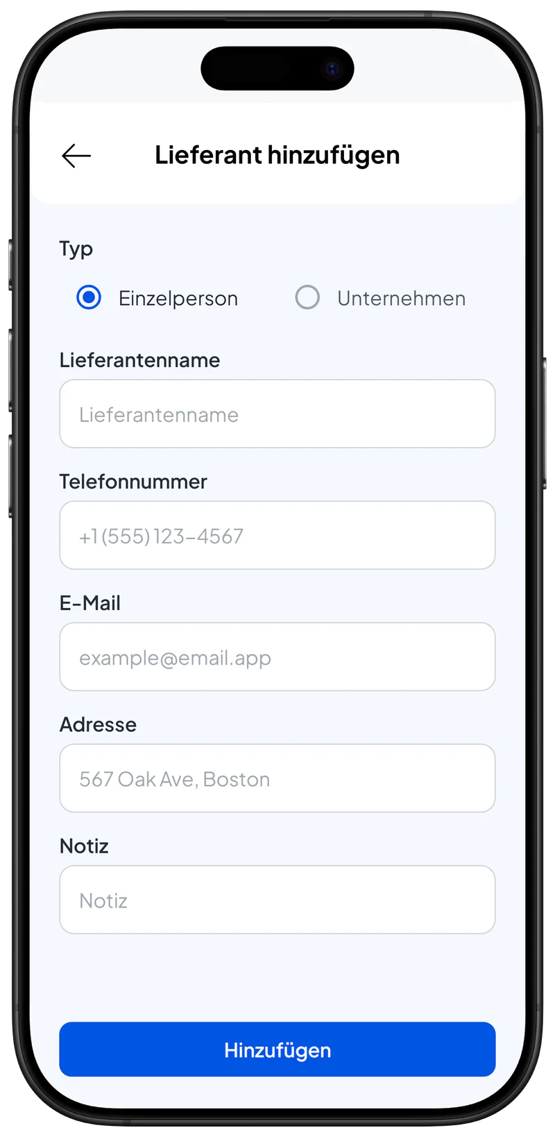 Formular Lieferant hinzufügen