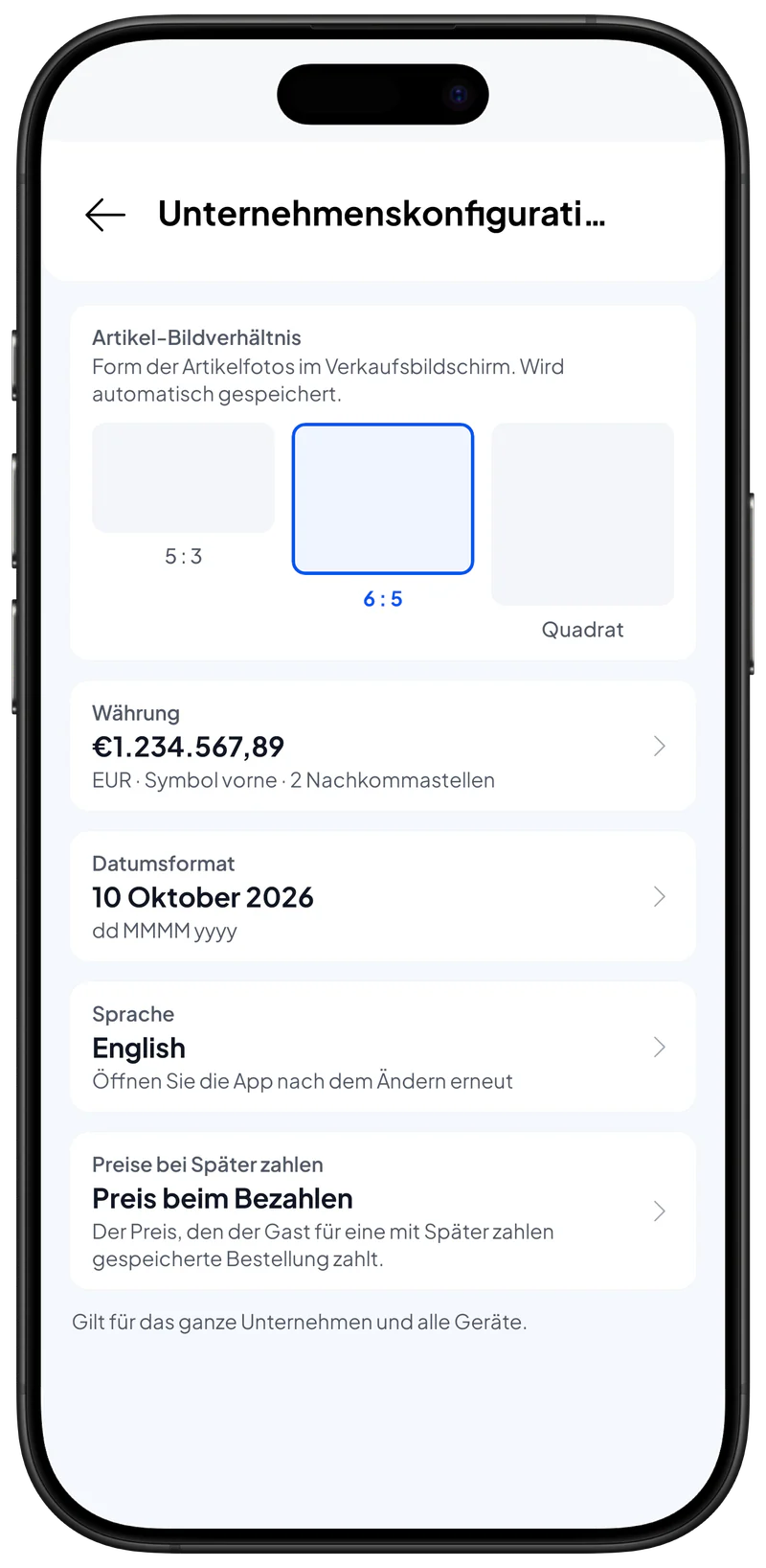 Bildschirm Unternehmenskonfiguration