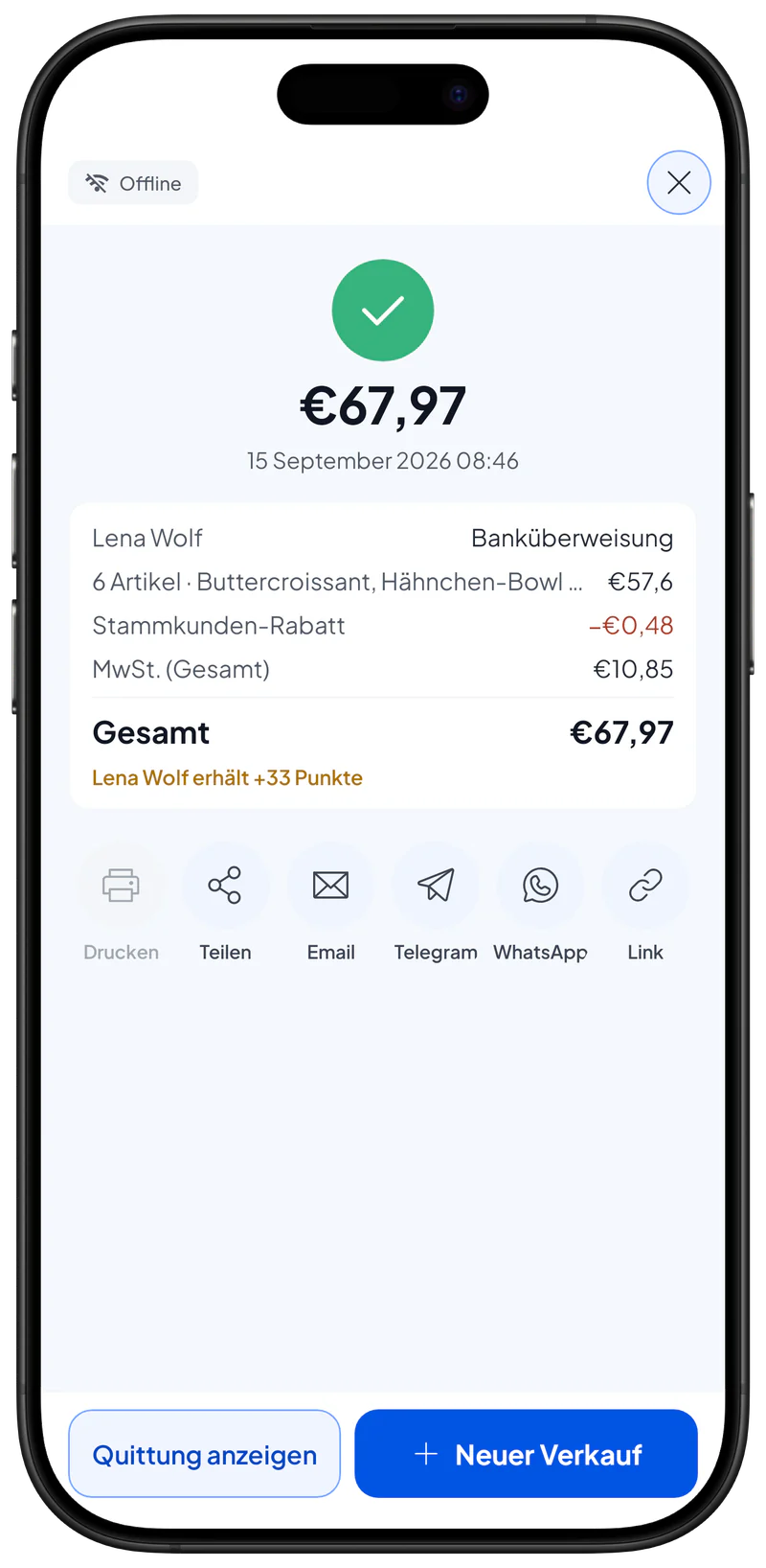 Quittungsfenster nach einem Verkauf: Gesamtbetrag, Übersicht und die Schaltflächen Drucken, Teilen, E-Mail, Telegram, WhatsApp und Link