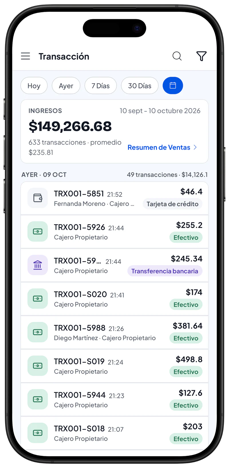 Lista de transacciones