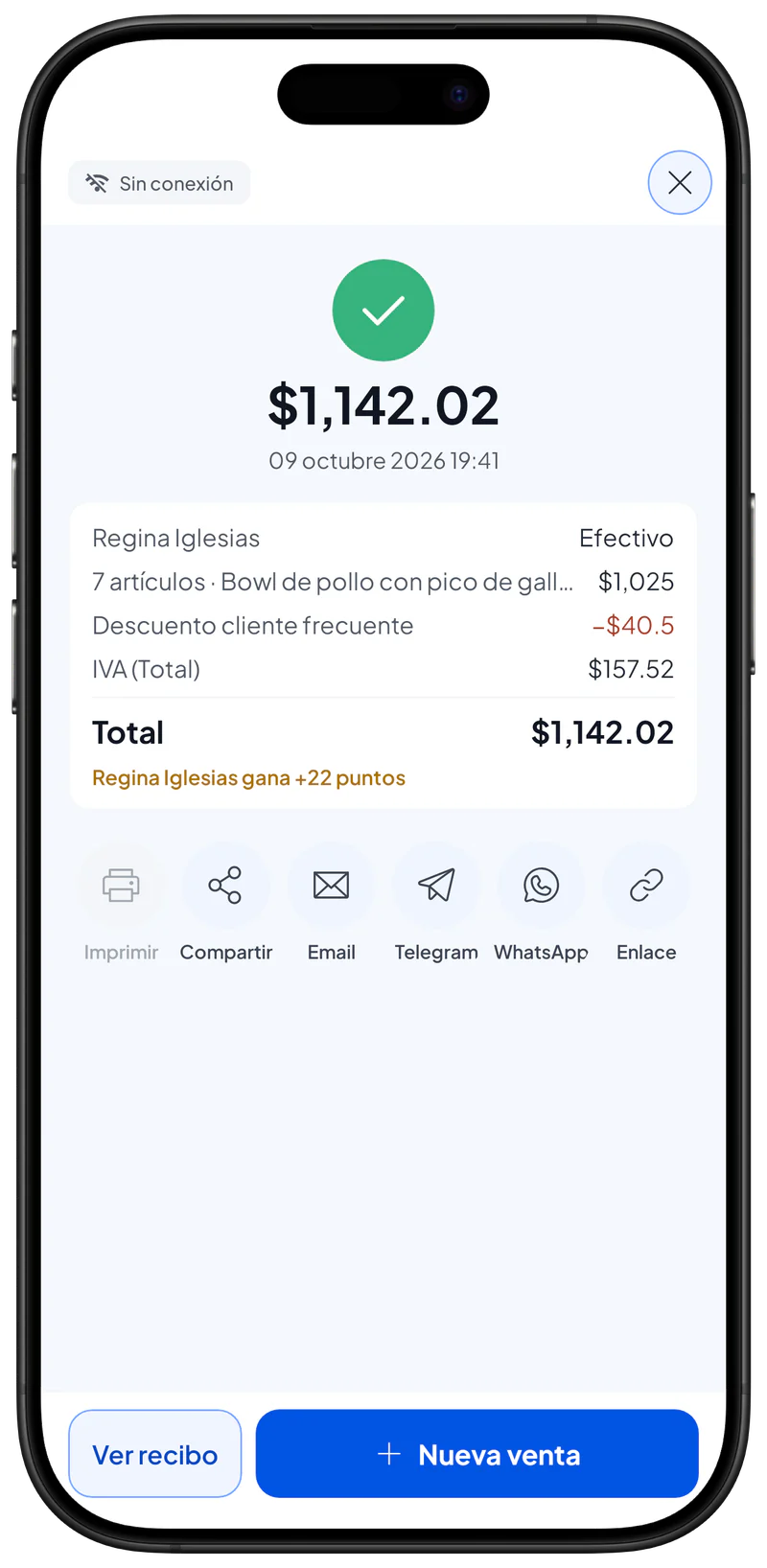 La ventana del recibo después de una venta: total, resumen y los botones Imprimir, Compartir, Email, Telegram, WhatsApp y Enlace