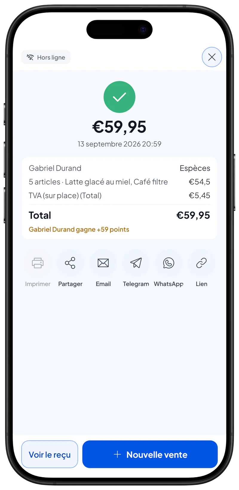 La fenêtre du reçu après une vente : total, récapitulatif et les boutons Imprimer, Partager, Email, Telegram, WhatsApp et Lien