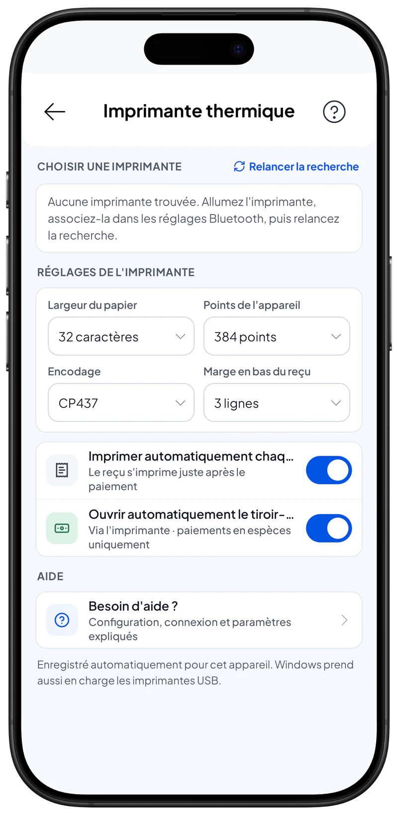 Réglages de l'imprimante thermique