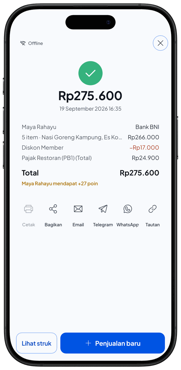 Jendela struk setelah penjualan: total, ringkasan, dan tombol Cetak, Bagikan, Email, Telegram, WhatsApp, Tautan