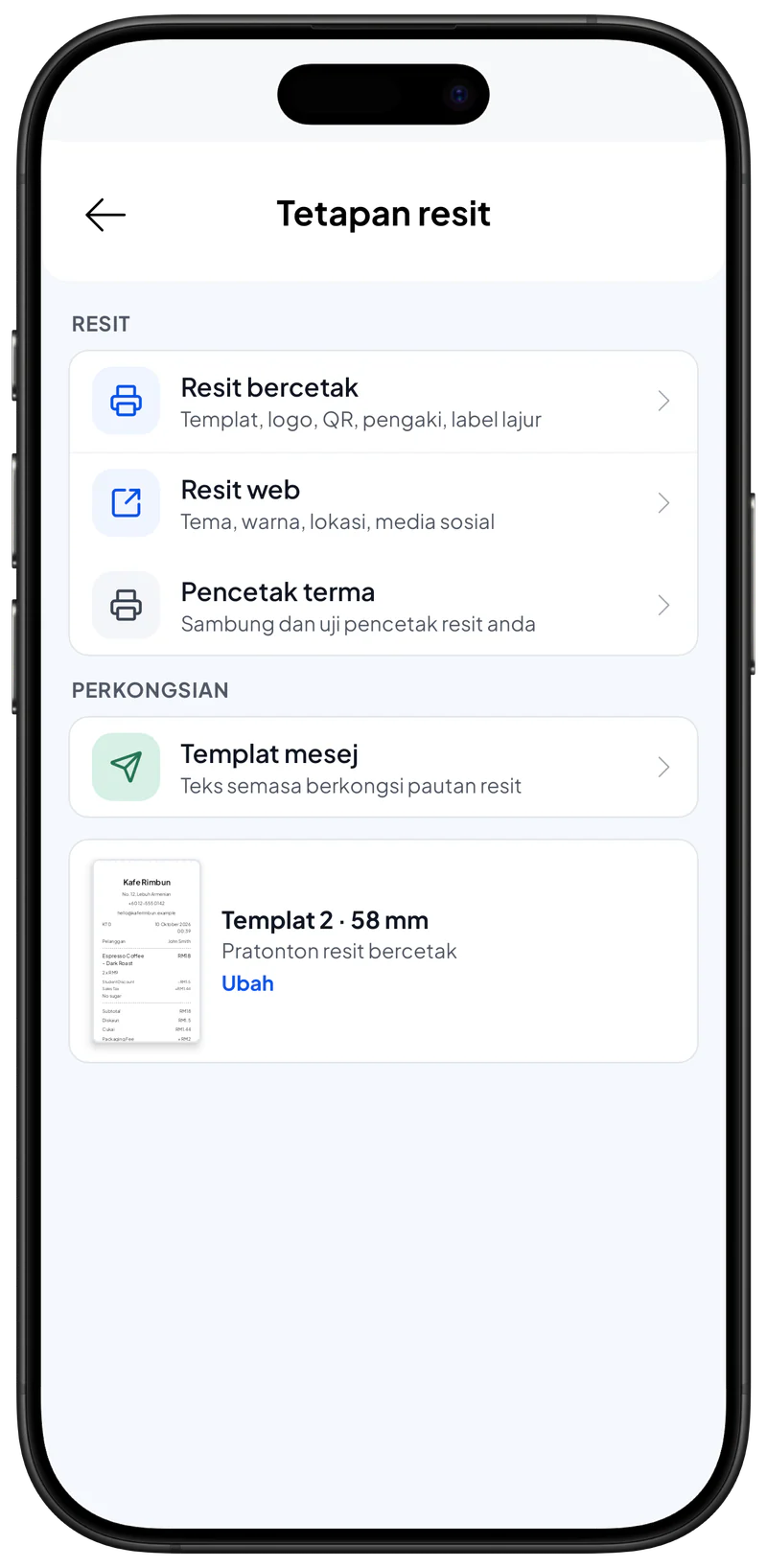 Tetapan resit dengan ruangan mesej pengaki