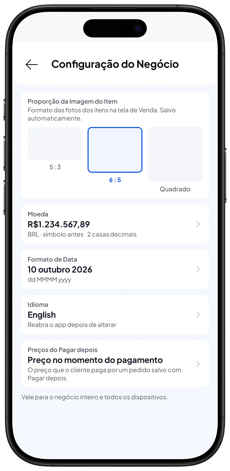 Tela Configuração do Negócio