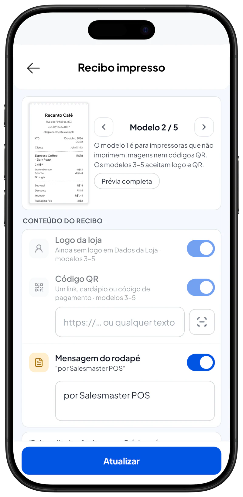 Rótulos personalizados do recibo