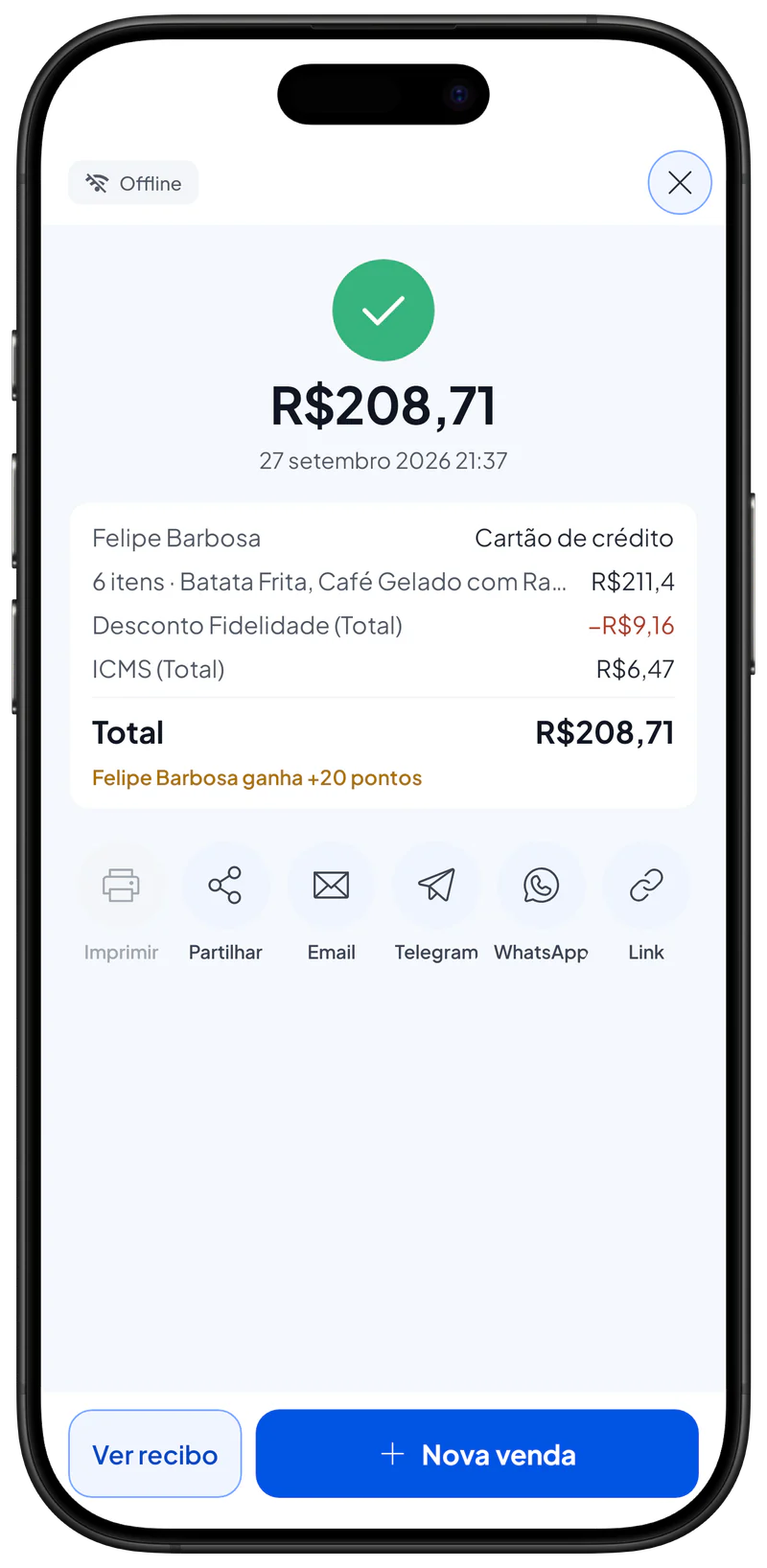 A janela do recibo depois da venda: total, resumo e os botões Imprimir, Compartilhar, Email, Telegram, WhatsApp e Link