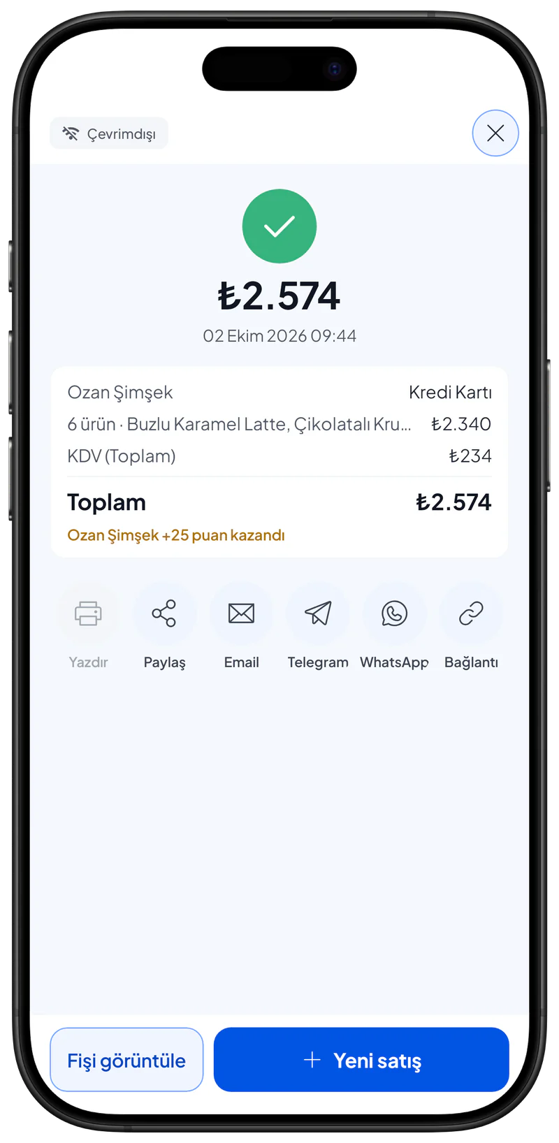 Satıştan sonraki fiş penceresi: toplam, özet ve Yazdır, Paylaş, E-posta, Telegram, WhatsApp ve Bağlantı düğmeleri