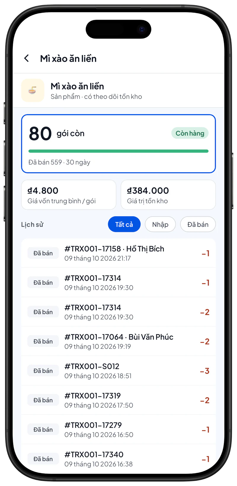 Bảng Thêm tồn kho