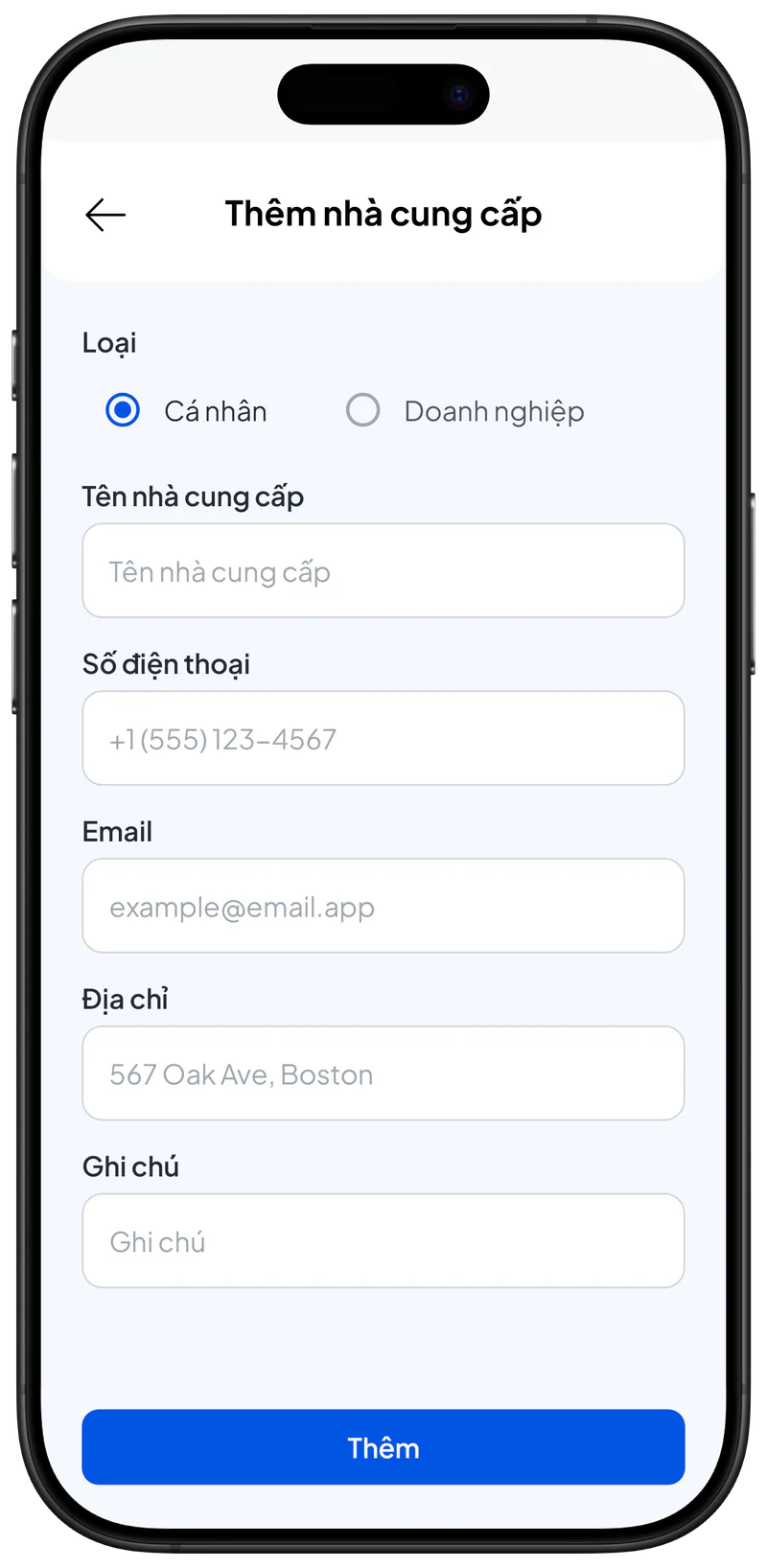 Biểu mẫu Thêm nhà cung cấp