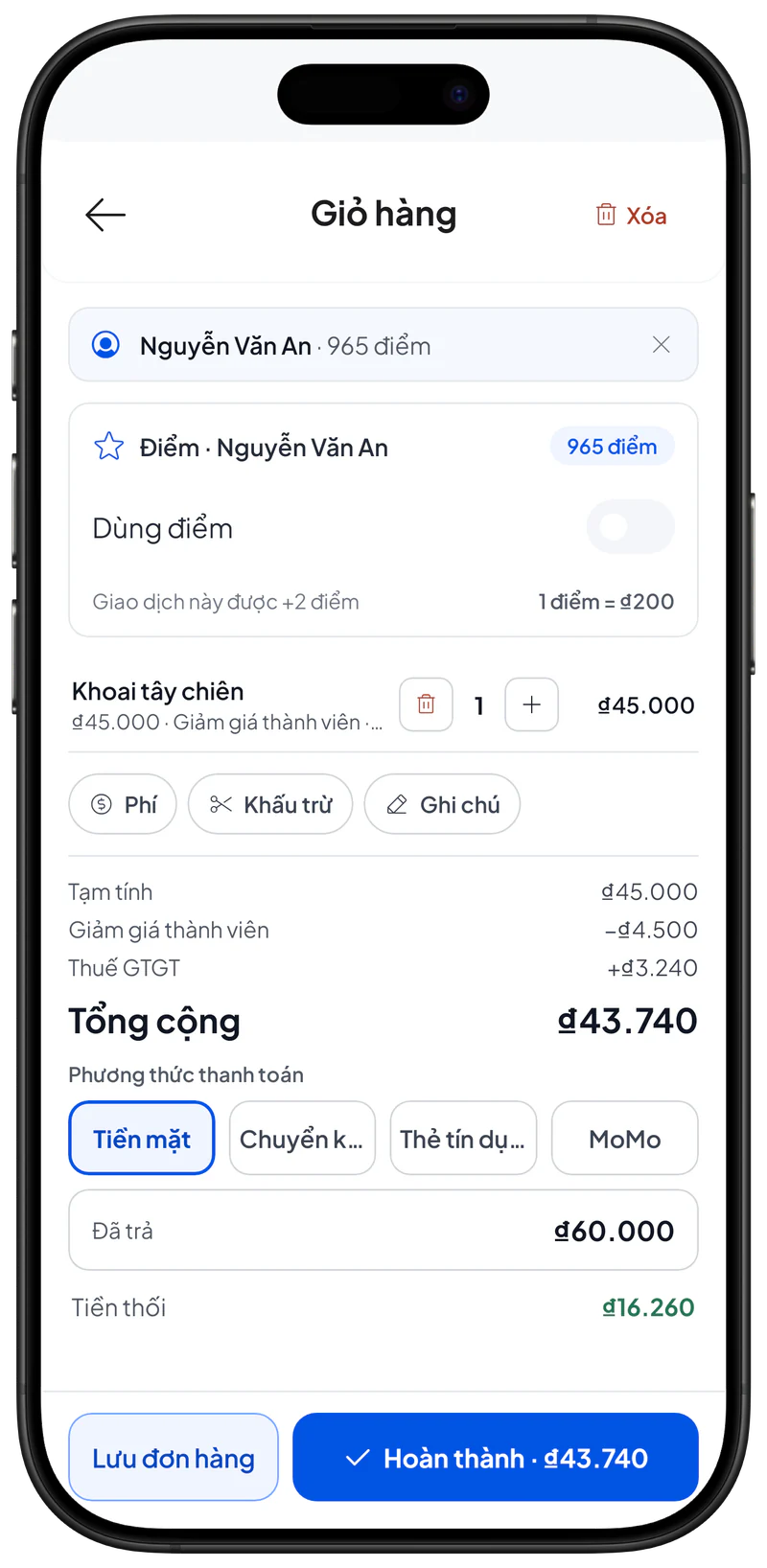 Số tiền khách đã trả
