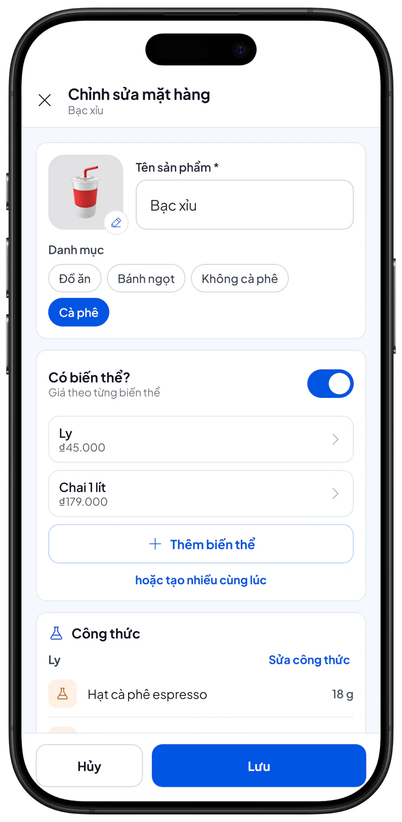 Danh sách biến thể của một mặt hàng