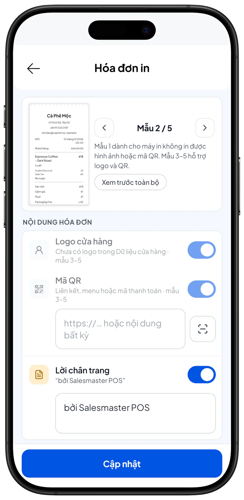 Đổi tên các nhãn trên hóa đơn