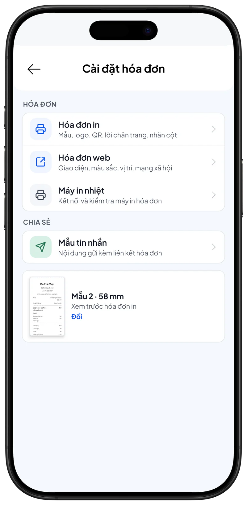 Màn hình Cài đặt hóa đơn với ô Lời chân trang