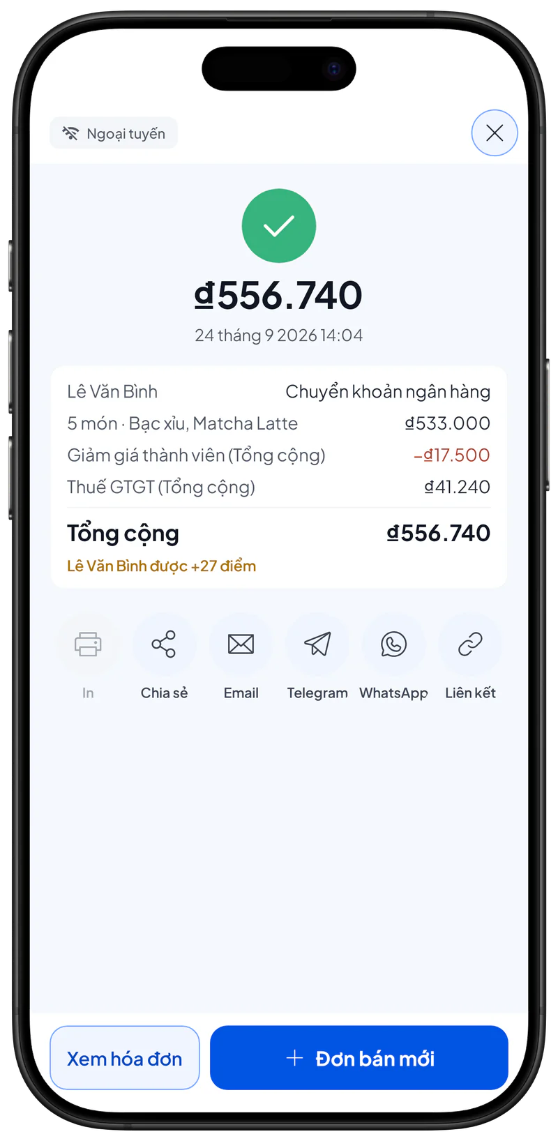 Cửa sổ hóa đơn sau khi bán: tổng tiền, tóm tắt và các nút In, Chia sẻ, Email, Telegram, WhatsApp và Liên kết