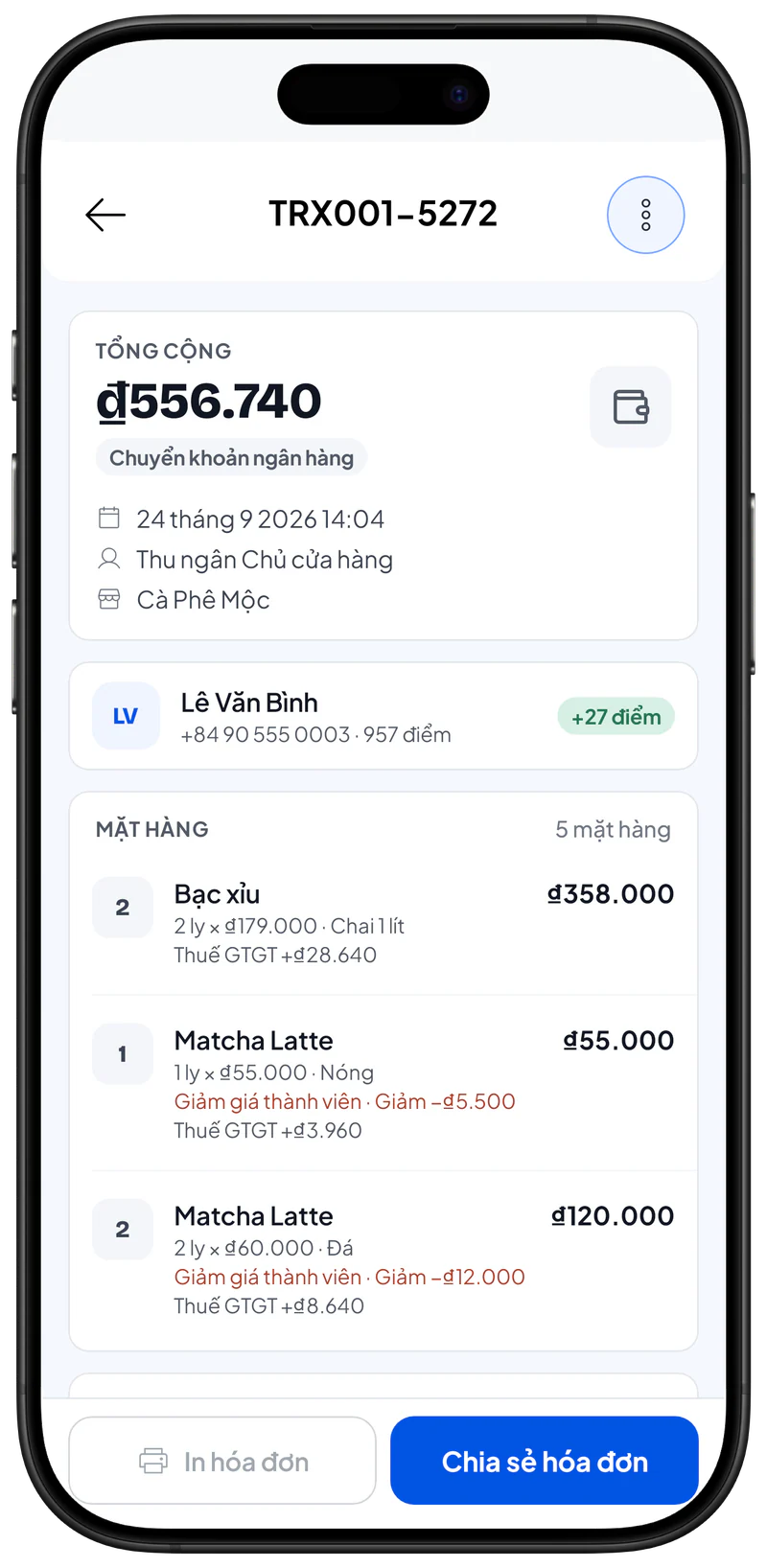 Các nút thao tác trong chi tiết giao dịch