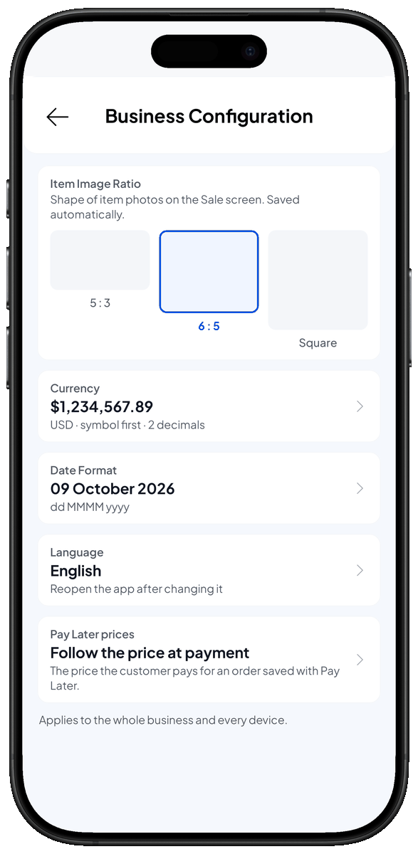Business Configuration screen