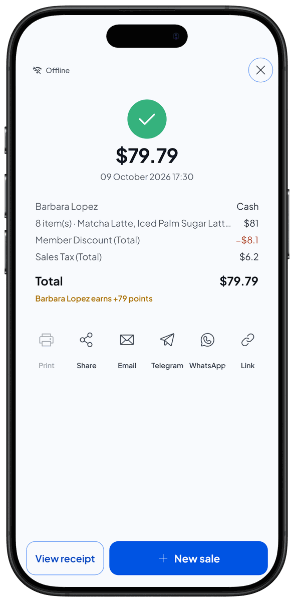 The receipt window after a sale: total, summary, and the Print, Share, Email, Telegram, WhatsApp and Link buttons