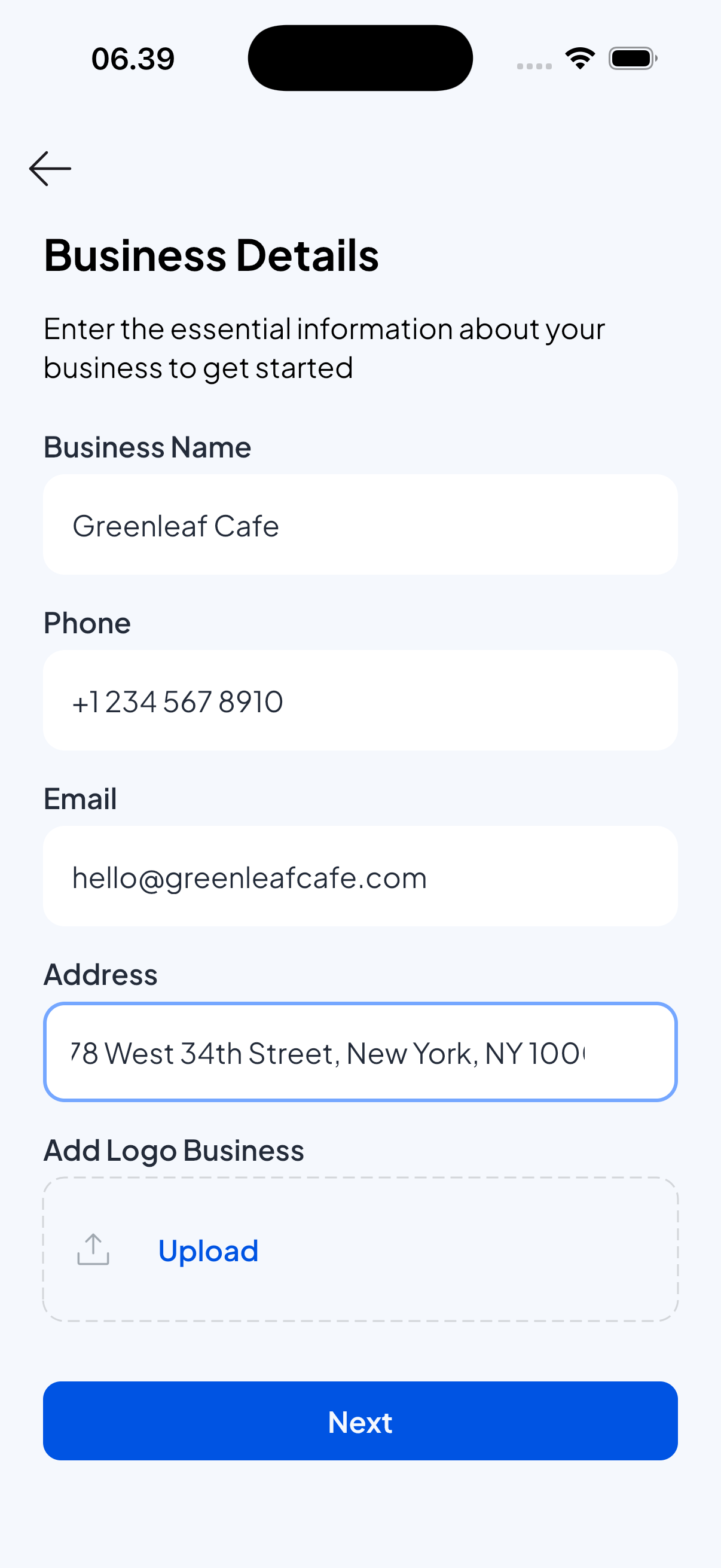 Initial Setup Screen